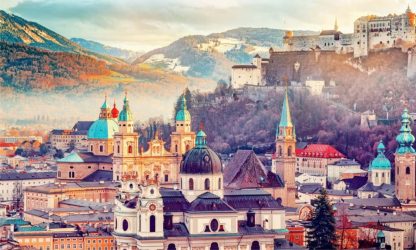 Salzburg, Austria, Europe. City in Alps of Mozart birth. Panora Salzburg, Austria, Europe. City in Alps of Mozart birth. Panora